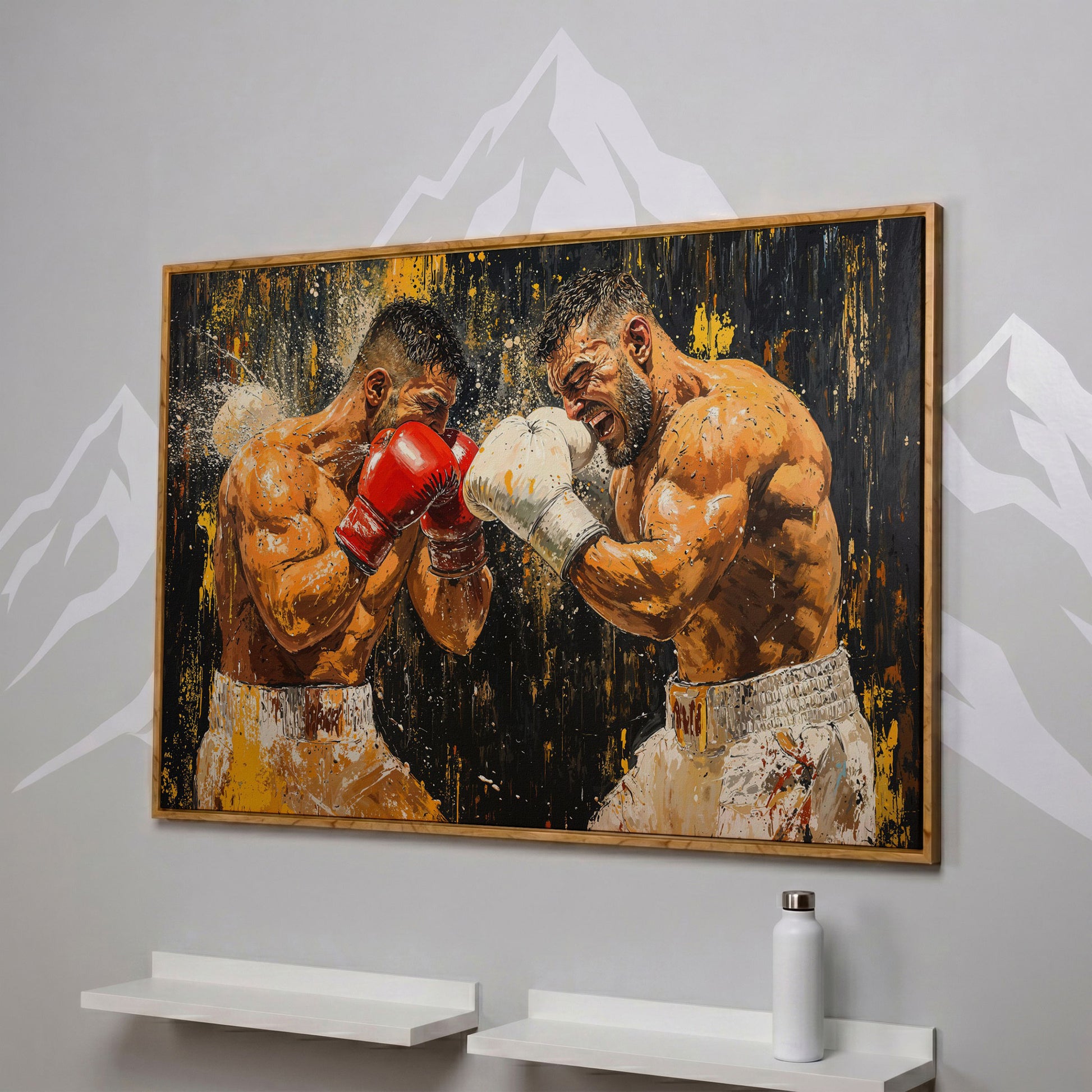 Abstract Boxing Canvas Print, Yellow & Crimson on Black in white oak floating frame
