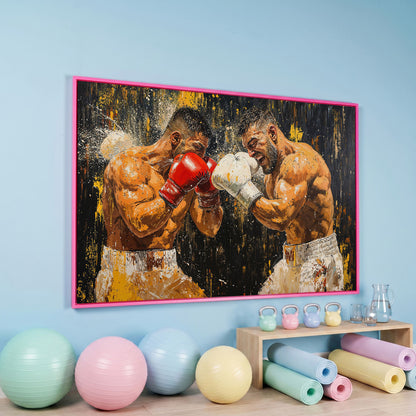 Abstract Boxing Canvas Print, Yellow & Crimson on Black in pink floating frame