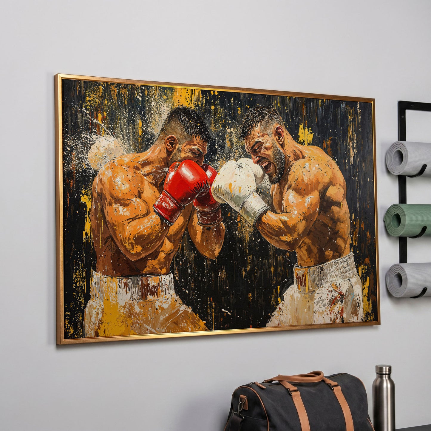 Abstract Boxing Canvas Print, Yellow & Crimson on Black in rose gold floating frame