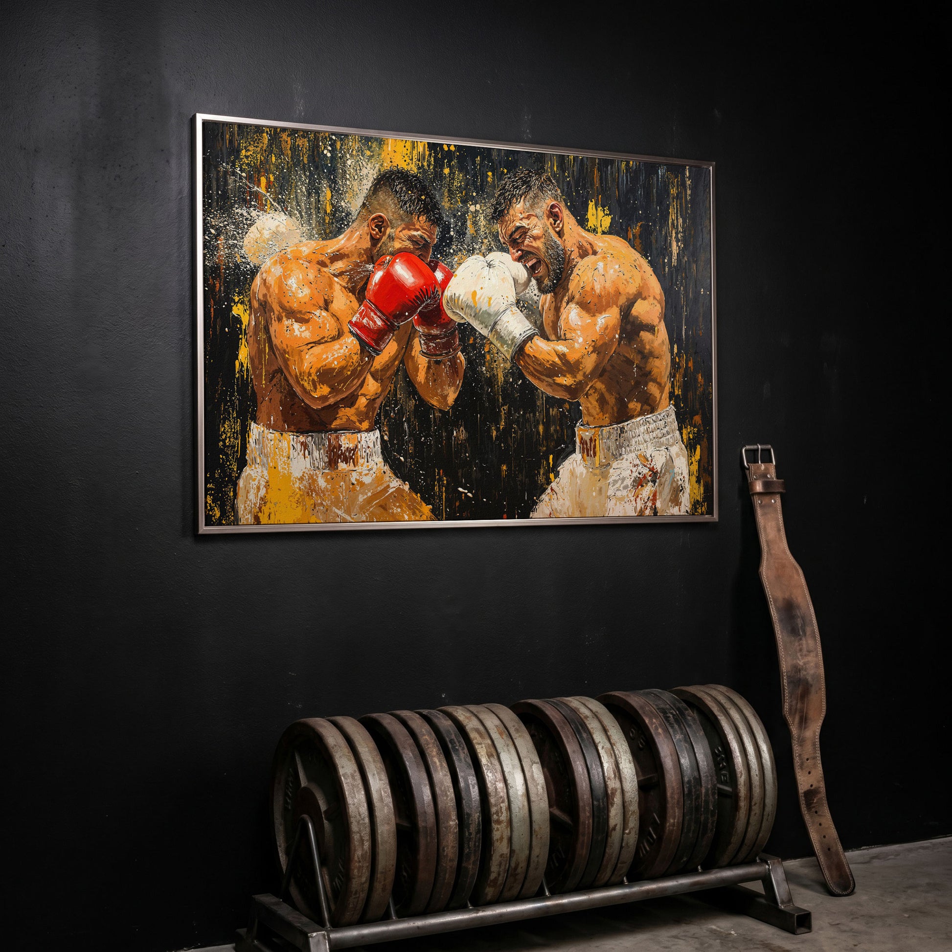 Abstract Boxing Canvas Print, Yellow & Crimson on Black in silver floating frame