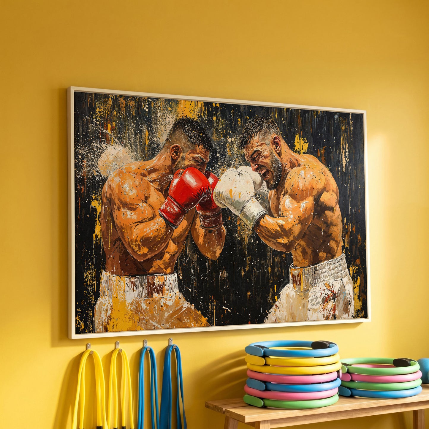 Abstract Boxing Canvas Print, Yellow & Crimson on Black in white floating frame
