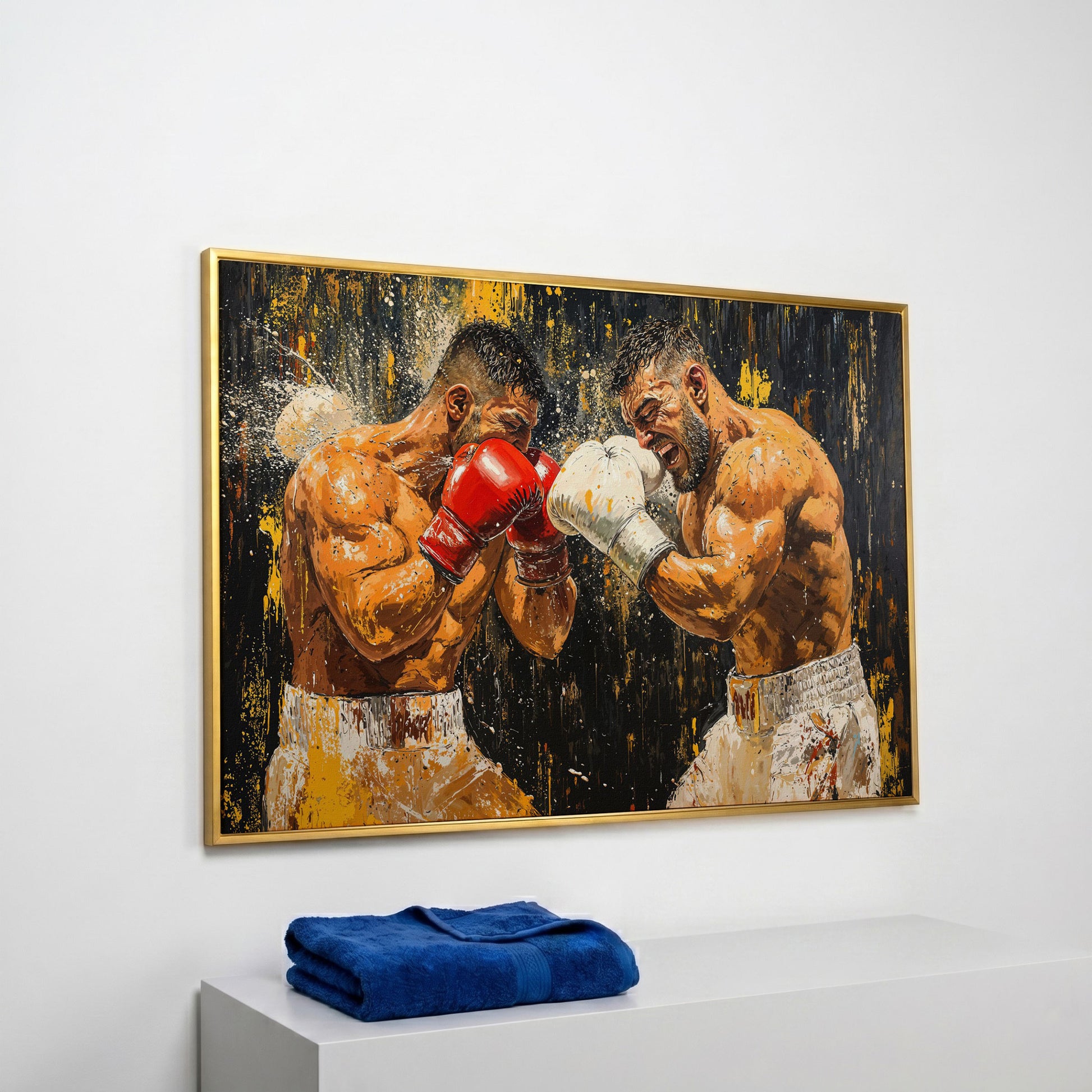 Abstract Boxing Canvas Print, Yellow & Crimson on Black in yellow gold floating frame