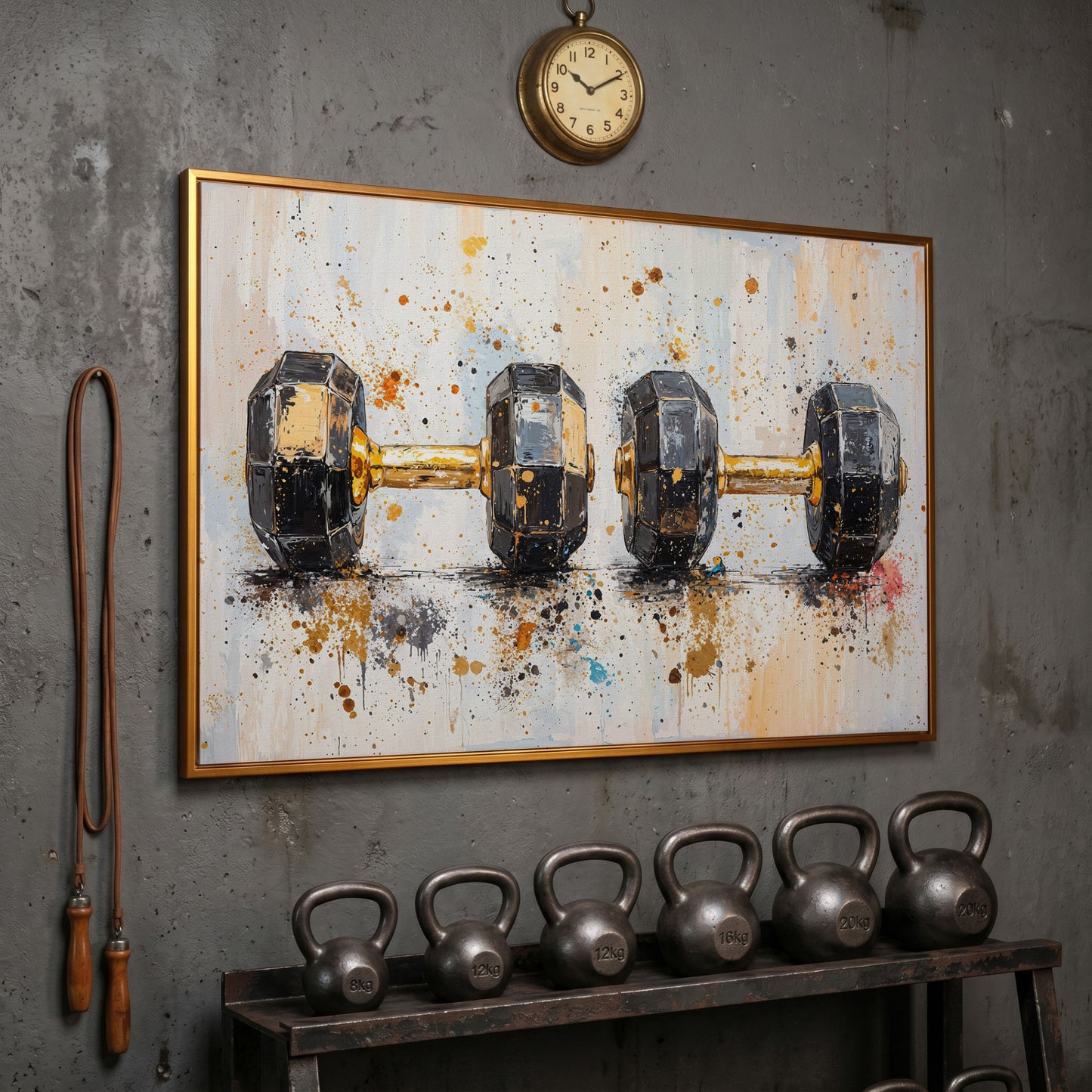 Dumbbells Abstract Canvas Print, Charcoal & Ochre in antique gold floating frame