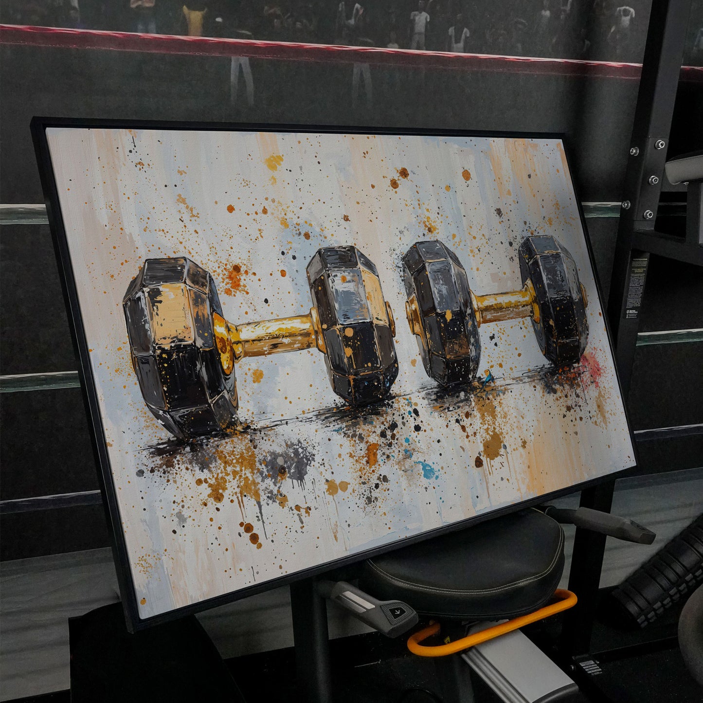 Dumbbells Abstract Canvas Print, Charcoal & Ochre in black floating frame