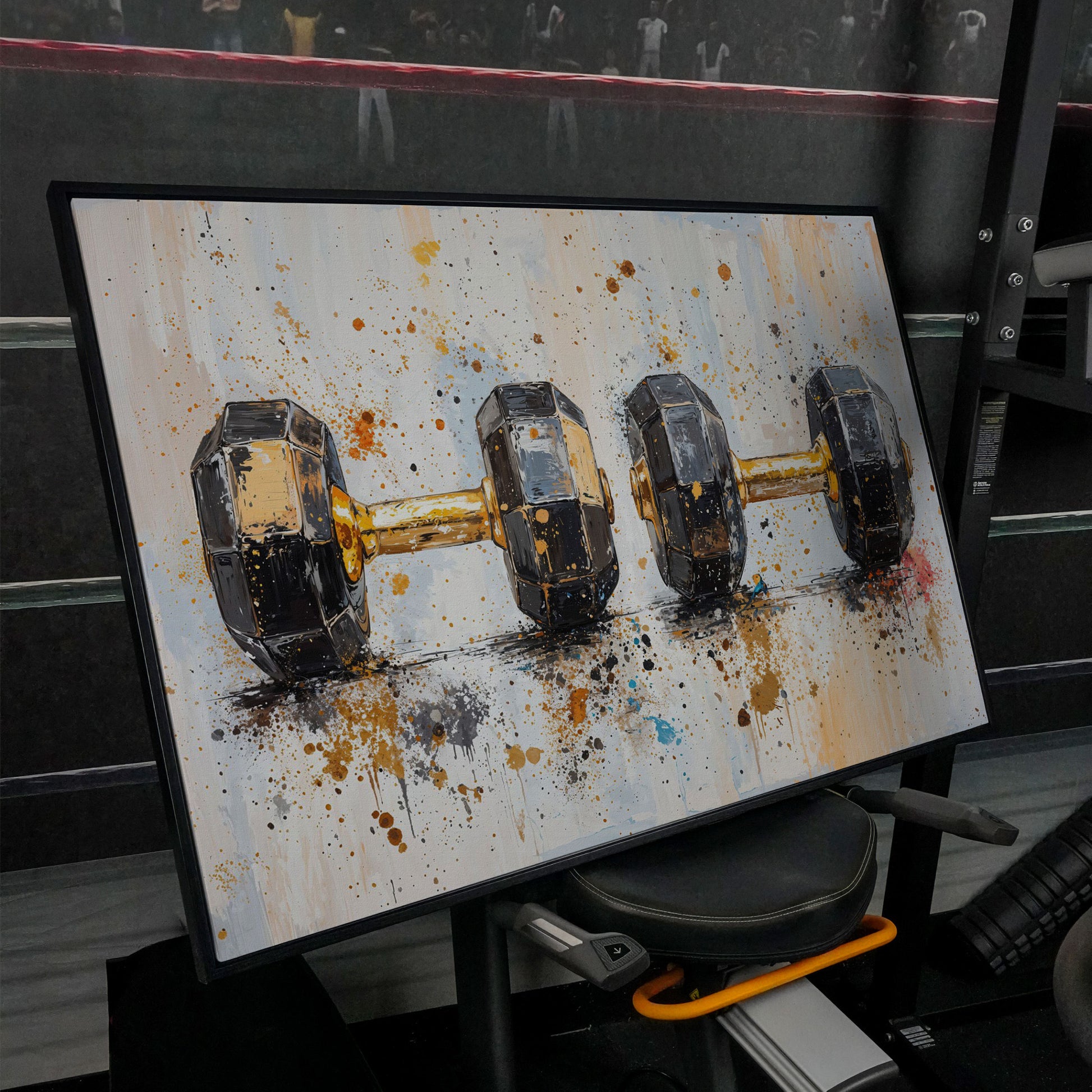 Dumbbells Abstract Canvas Print, Charcoal & Ochre in black floating frame