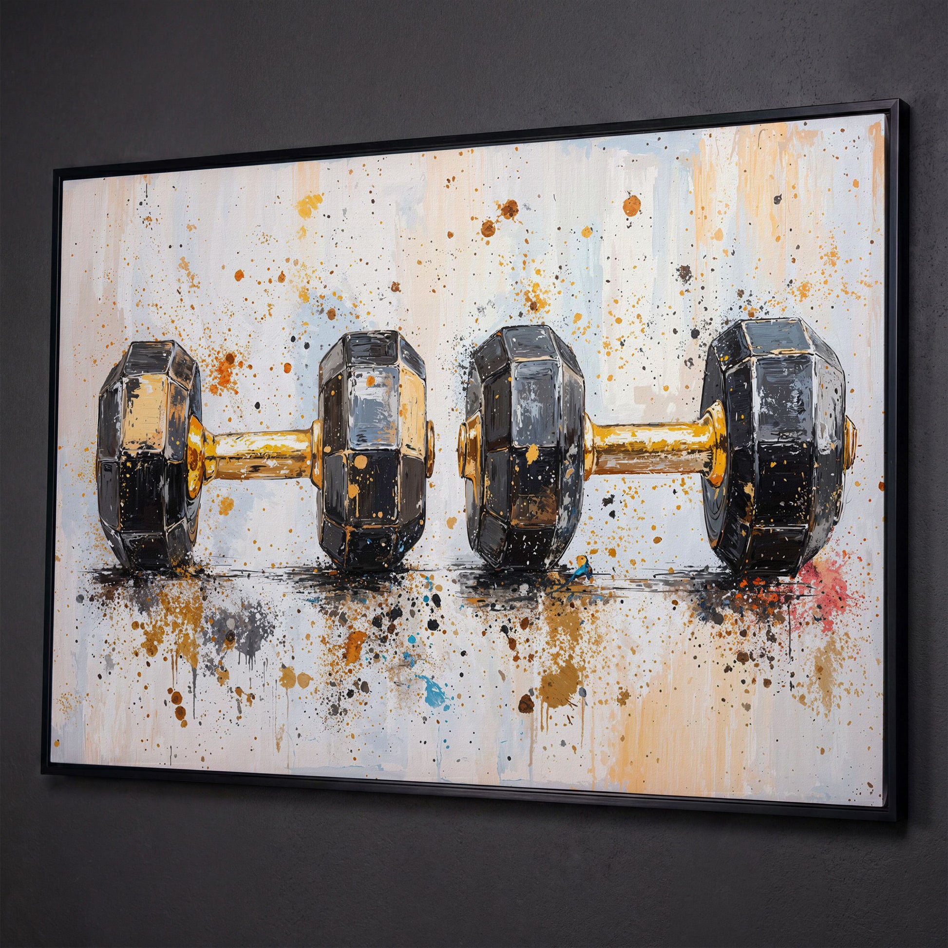 Dumbbells Abstract Canvas Print, Charcoal & Ochre shown in black floating frame