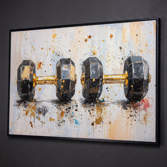 Dumbbells Abstract Canvas Print, Charcoal & Ochre shown in black floating frame