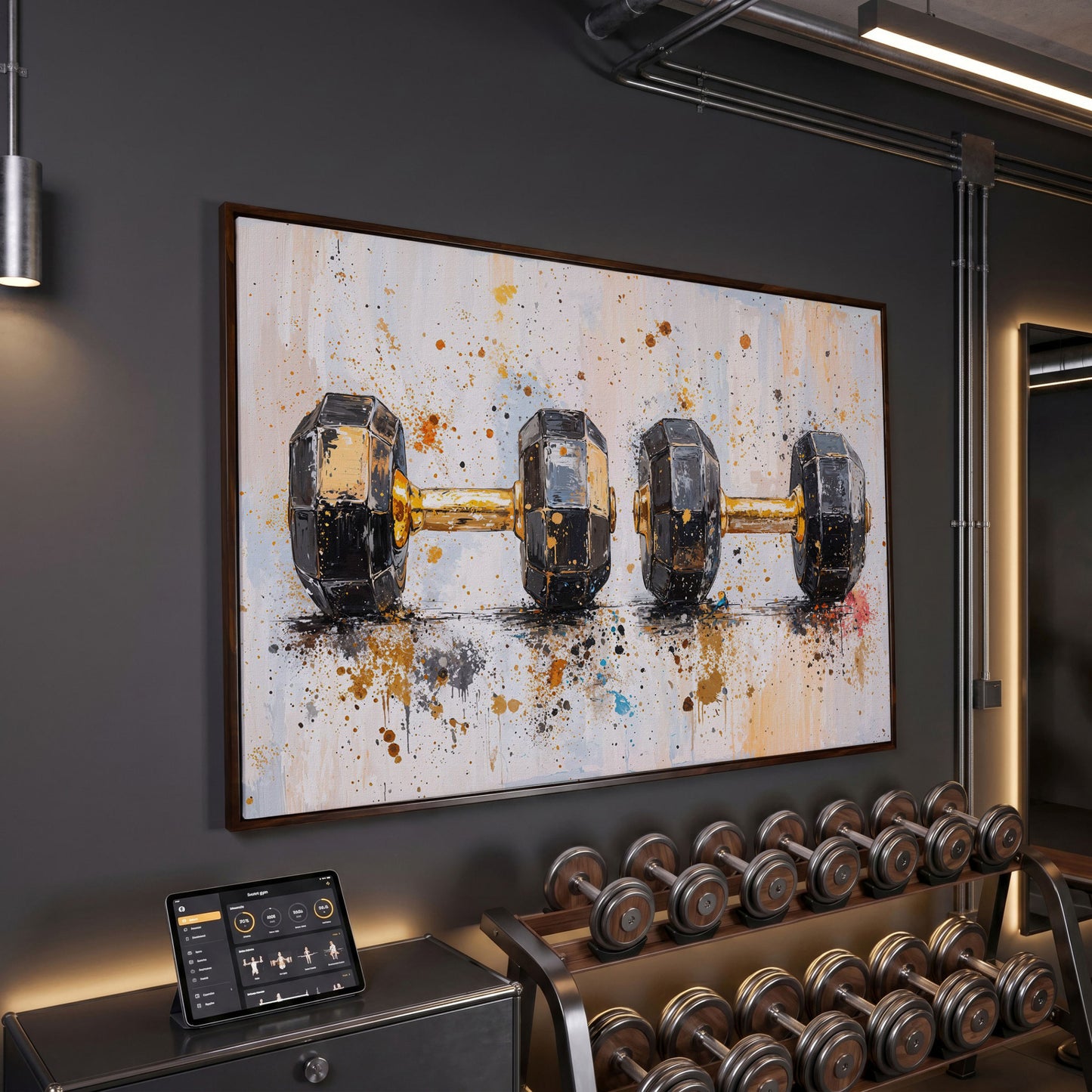 Dumbbells Abstract Canvas Print, Charcoal & Ochre in dark walnut floating frame
