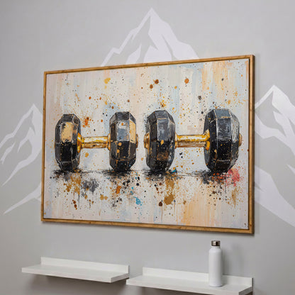 Dumbbells Abstract Canvas Print, Charcoal & Ochre in white oak floating frame