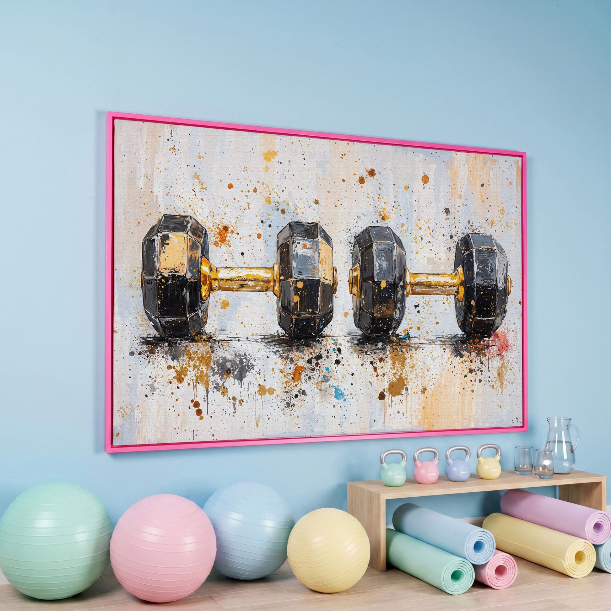 Dumbbells Abstract Canvas Print, Charcoal & Ochre in pink floating frame