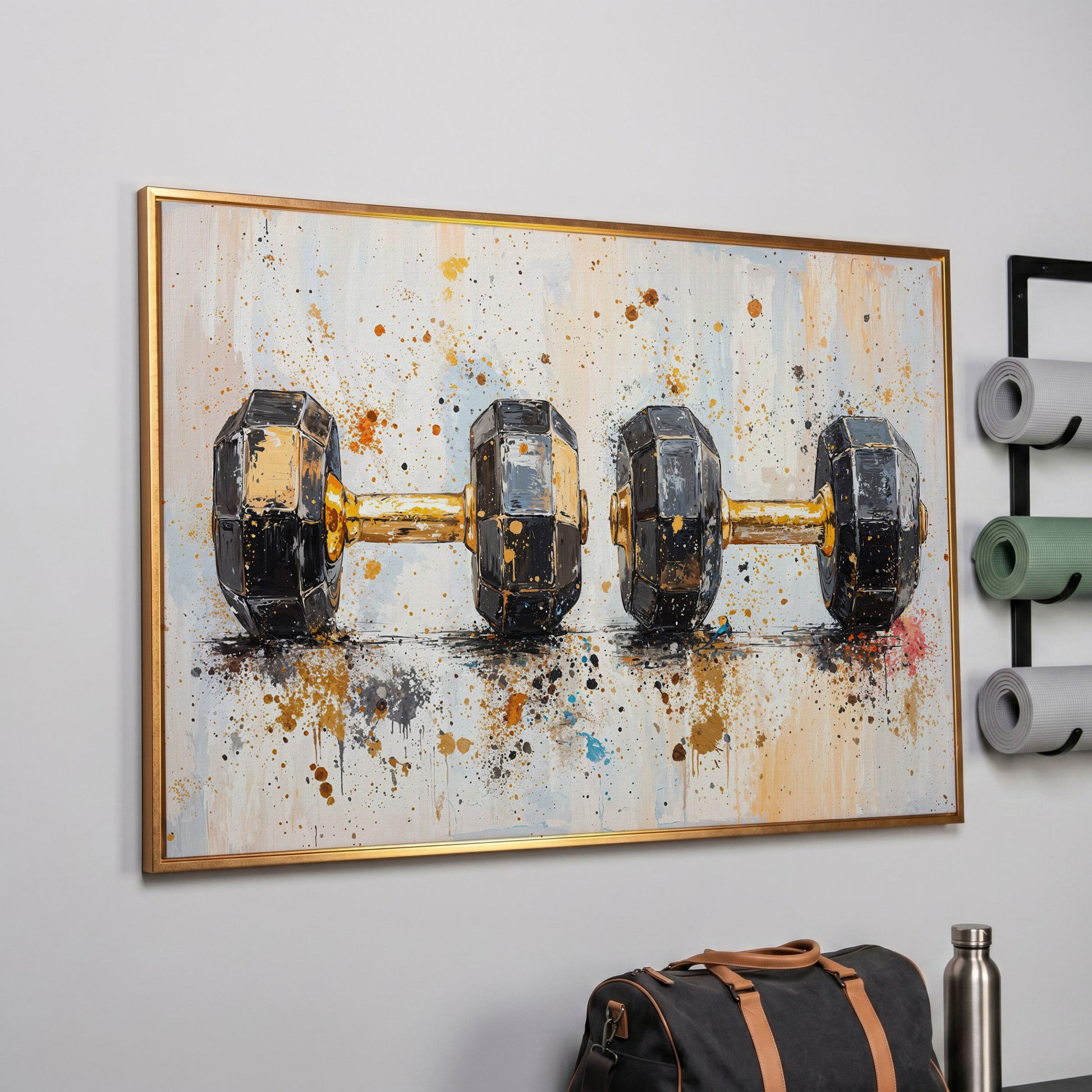 Dumbbells Abstract Canvas Print, Charcoal & Ochre in rose gold floating frame