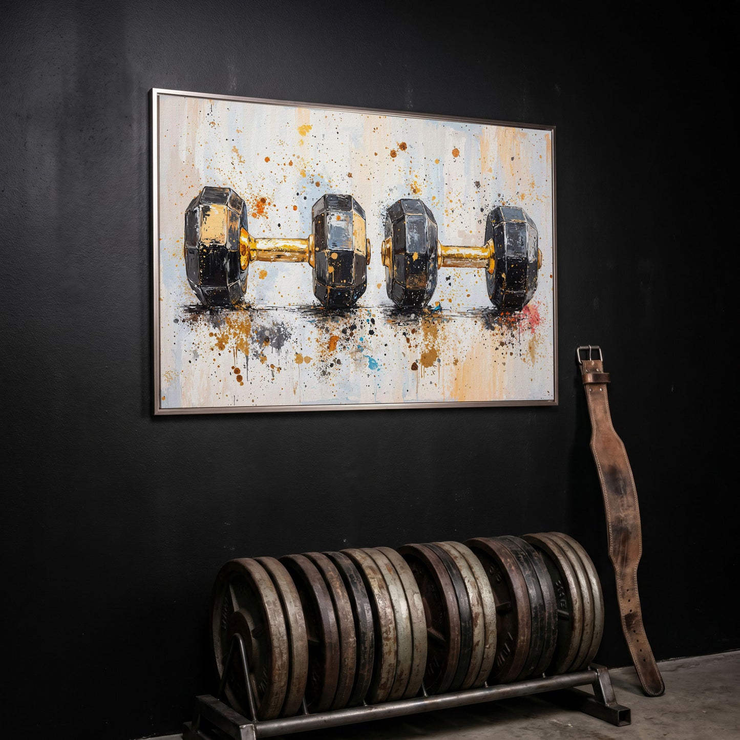 Dumbbells Abstract Canvas Print, Charcoal & Ochre in silver floating frame
