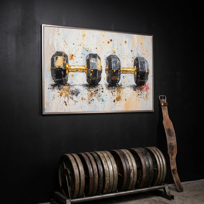 Dumbbells Abstract Canvas Print, Charcoal & Ochre in silver floating frame