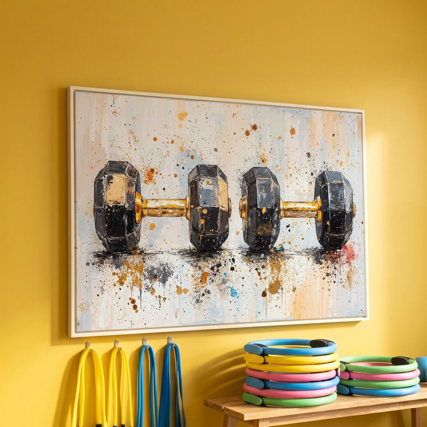 Dumbbells Abstract Canvas Print, Charcoal & Ochre in white floating frame