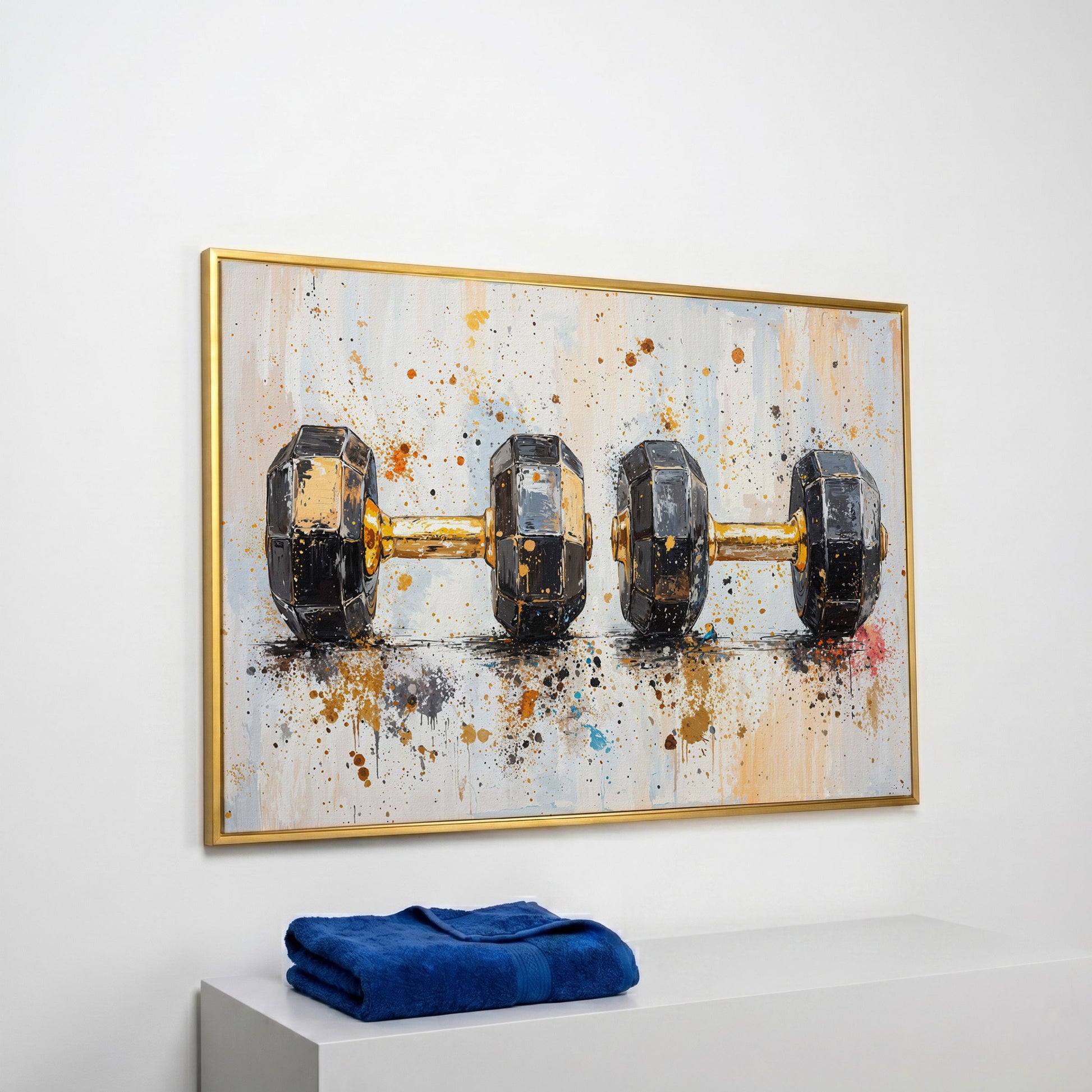 Dumbbells Abstract Canvas Print, Charcoal & Ochre in yellow gold floating frame