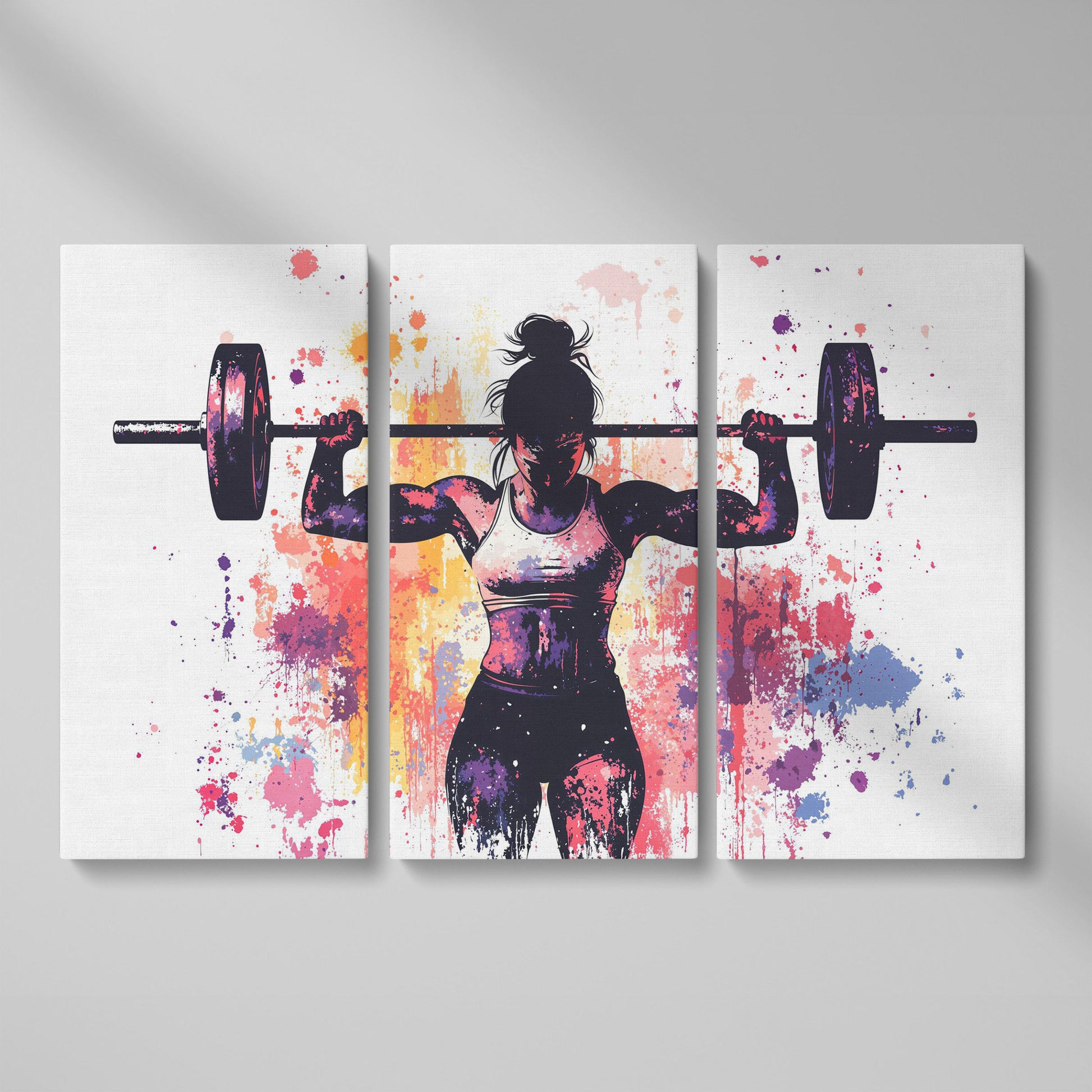 Female Lifter Canvas. Coral & Purple Fitness Art as 3-panel split version