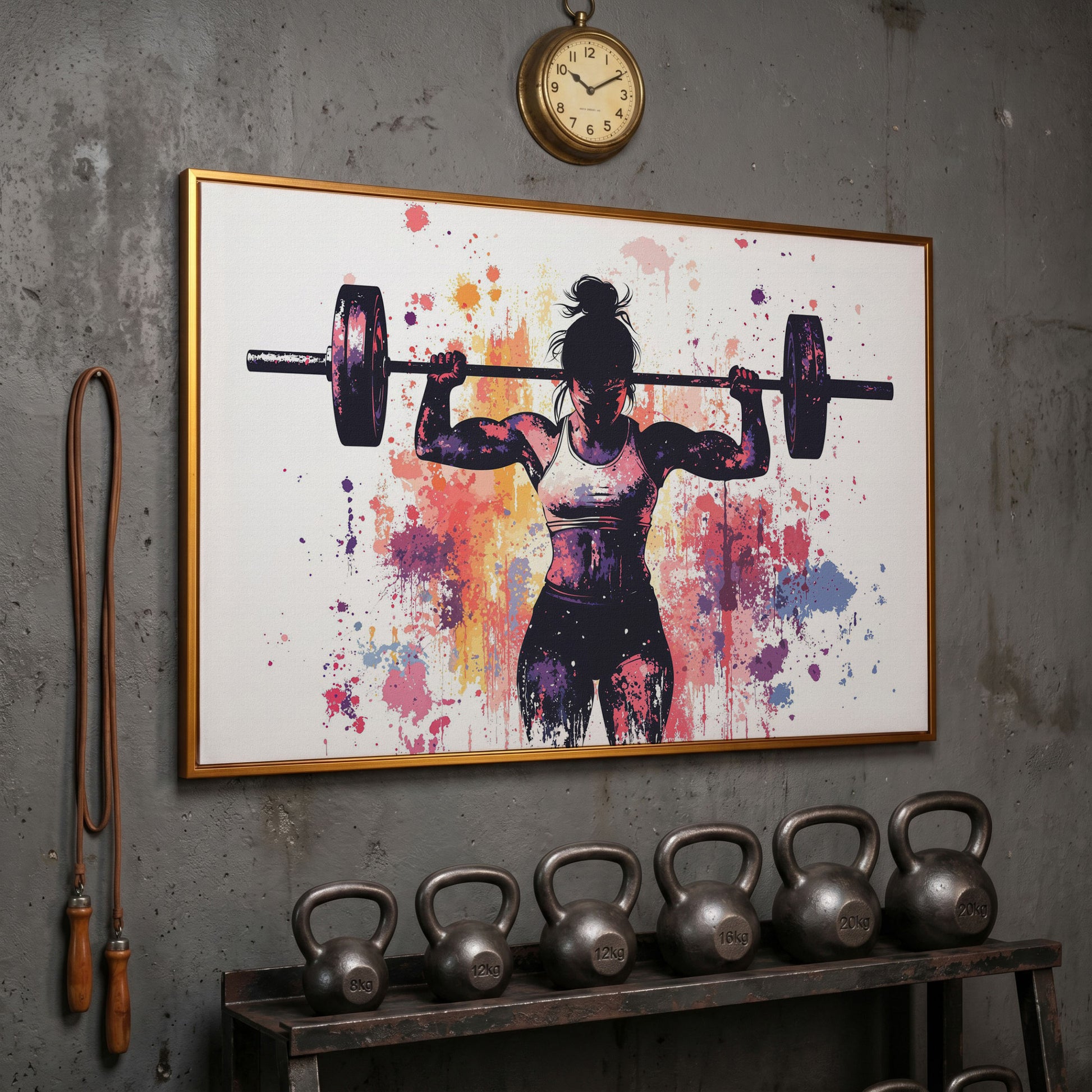 Female Lifter Canvas. Coral & Purple Fitness Art in antique gold floating frame