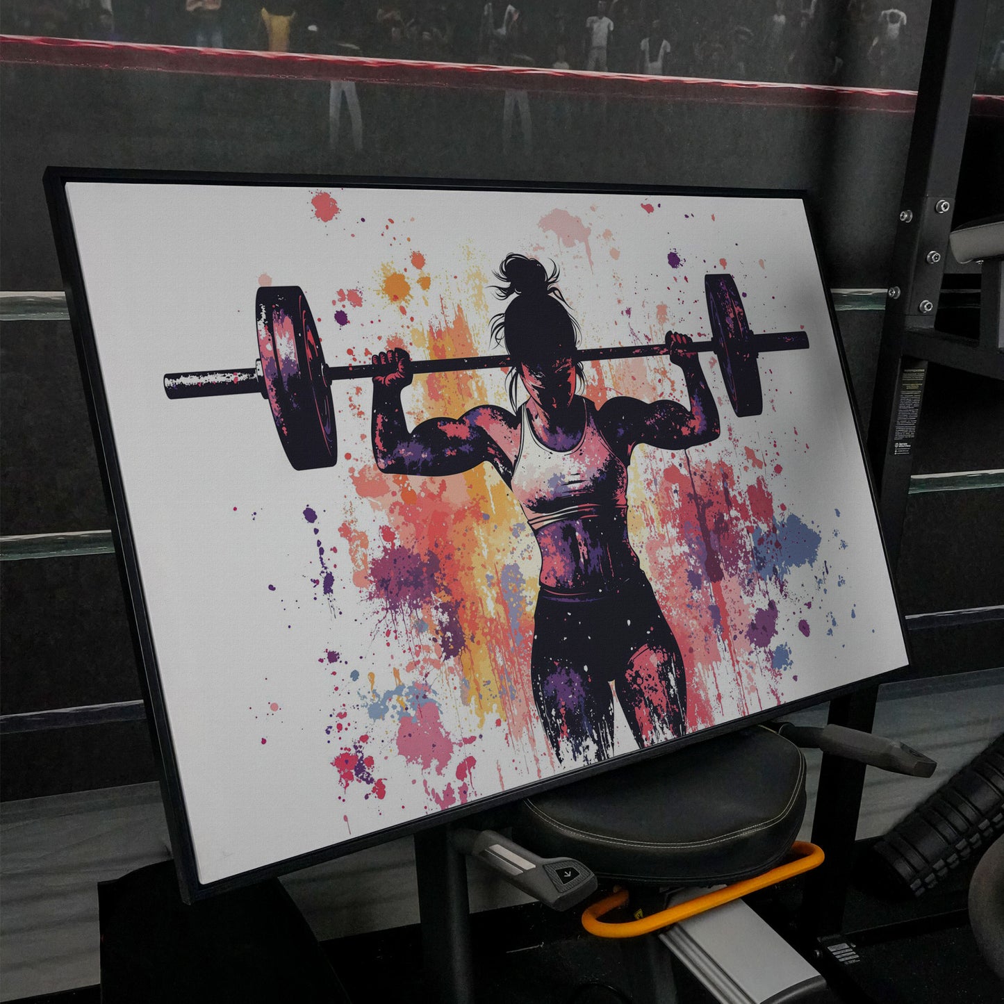 Female Lifter Canvas. Coral & Purple Fitness Art in black floating frame