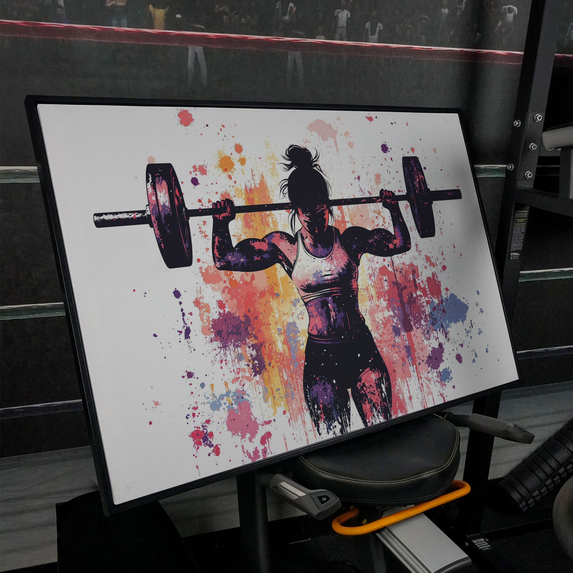 Female Lifter Canvas. Coral & Purple Fitness Art in black floating frame