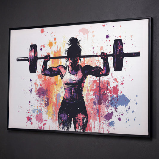 Female Lifter Canvas. Coral & Purple Fitness Art shown in black floating frame