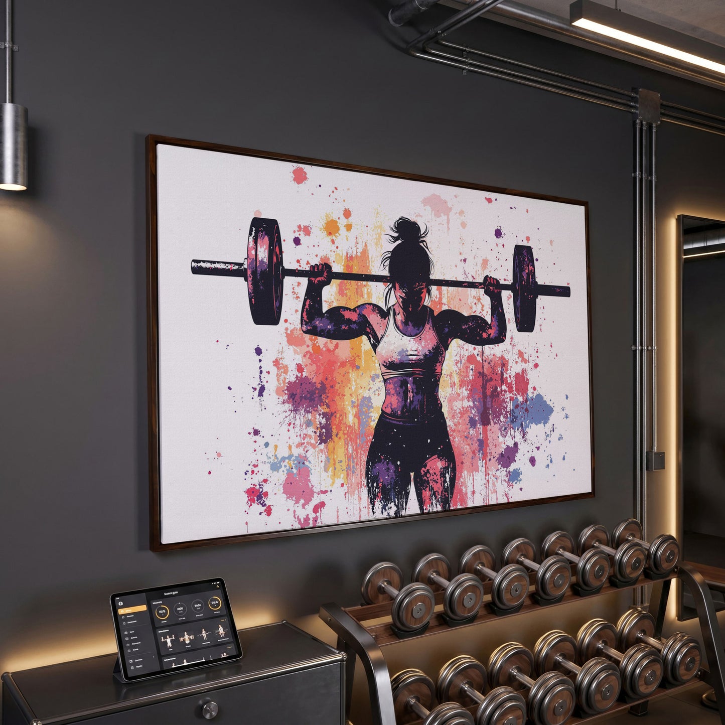 Female Lifter Canvas. Coral & Purple Fitness Art in dark walnut floating frame