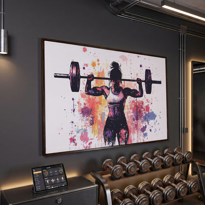 Female Lifter Canvas. Coral & Purple Fitness Art in dark walnut floating frame