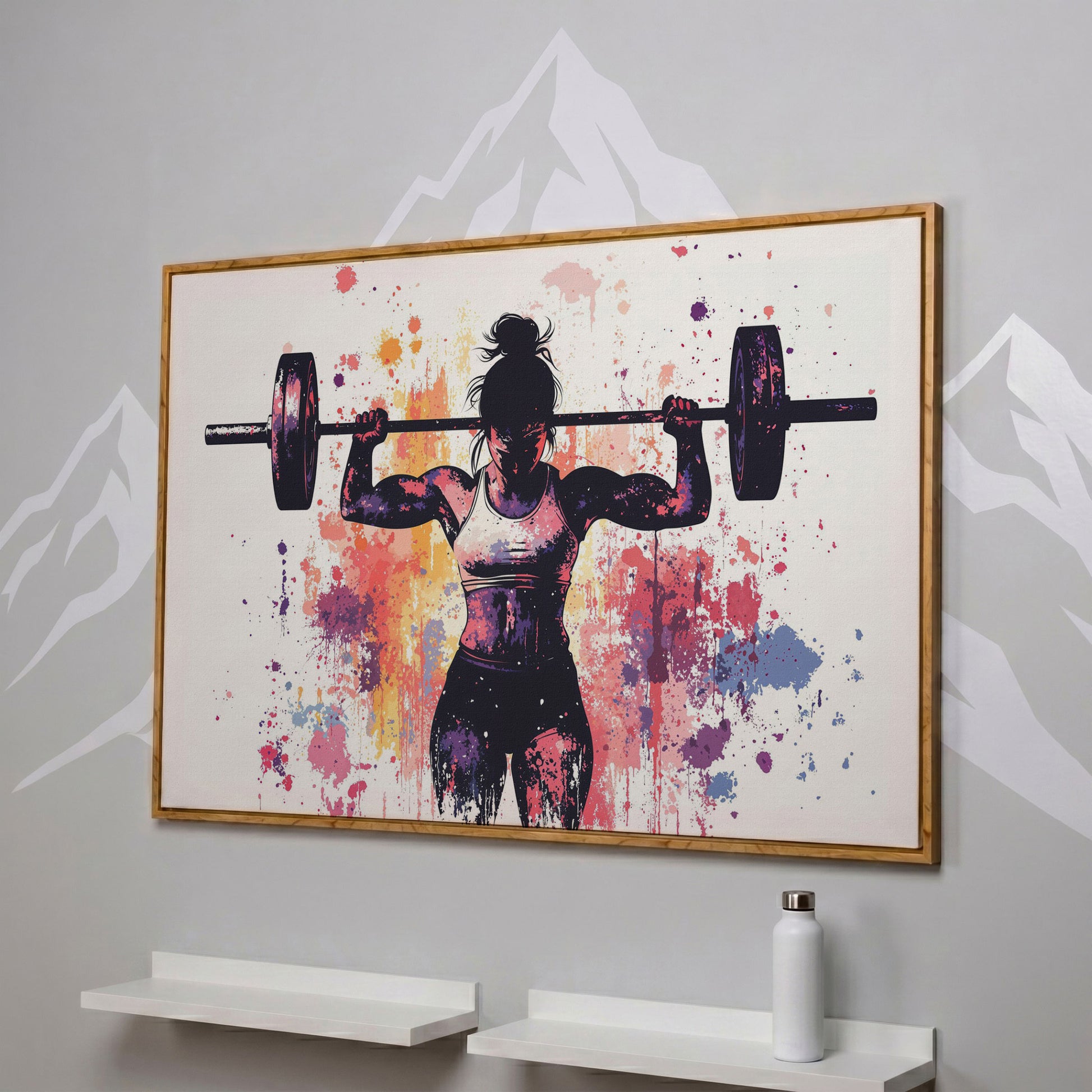 Female Lifter Canvas. Coral & Purple Fitness Art in white oak floating frame