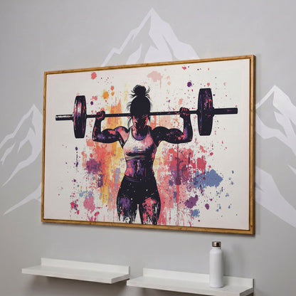 Female Lifter Canvas. Coral & Purple Fitness Art in white oak floating frame