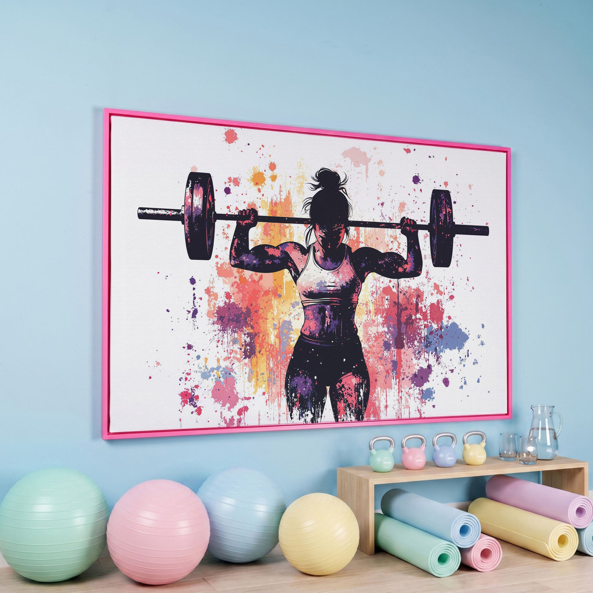 Female Lifter Canvas. Coral & Purple Fitness Art in pink floating frame