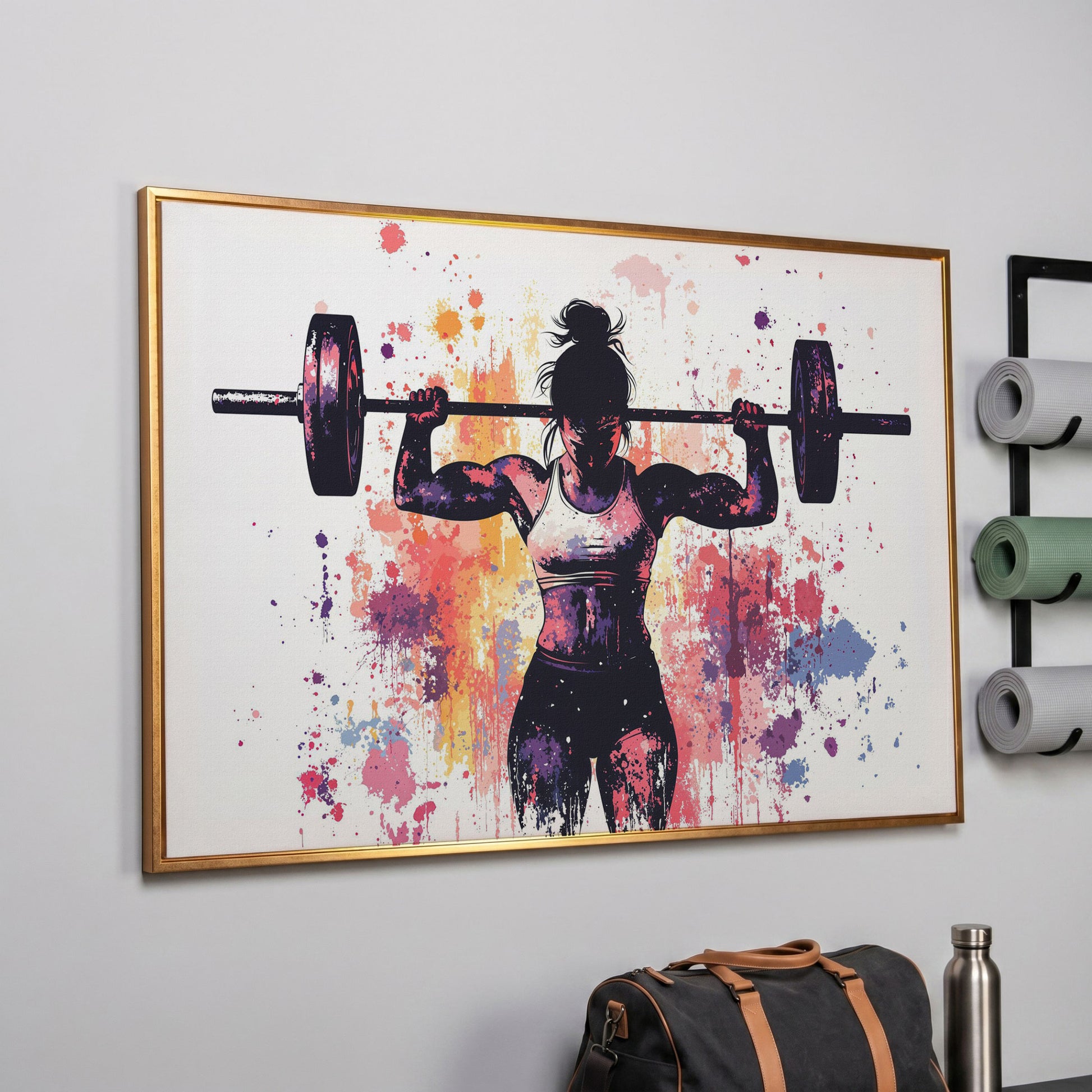 Female Lifter Canvas. Coral & Purple Fitness Art in rose gold floating frame