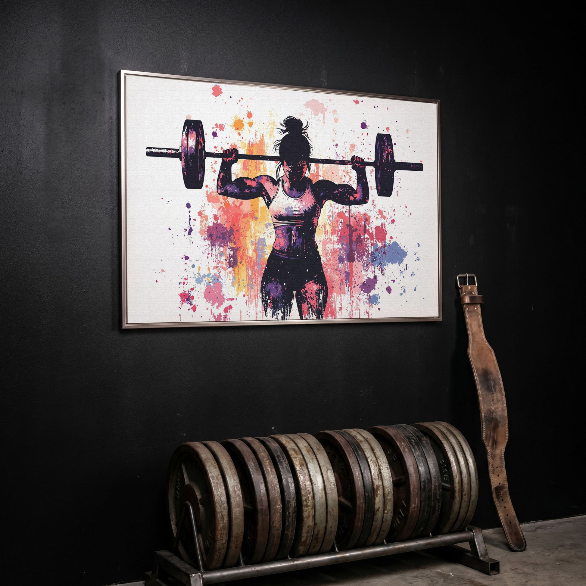 Female Lifter Canvas. Coral & Purple Fitness Art in silver floating frame