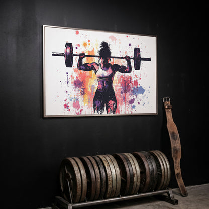 Female Lifter Canvas. Coral & Purple Fitness Art in silver floating frame