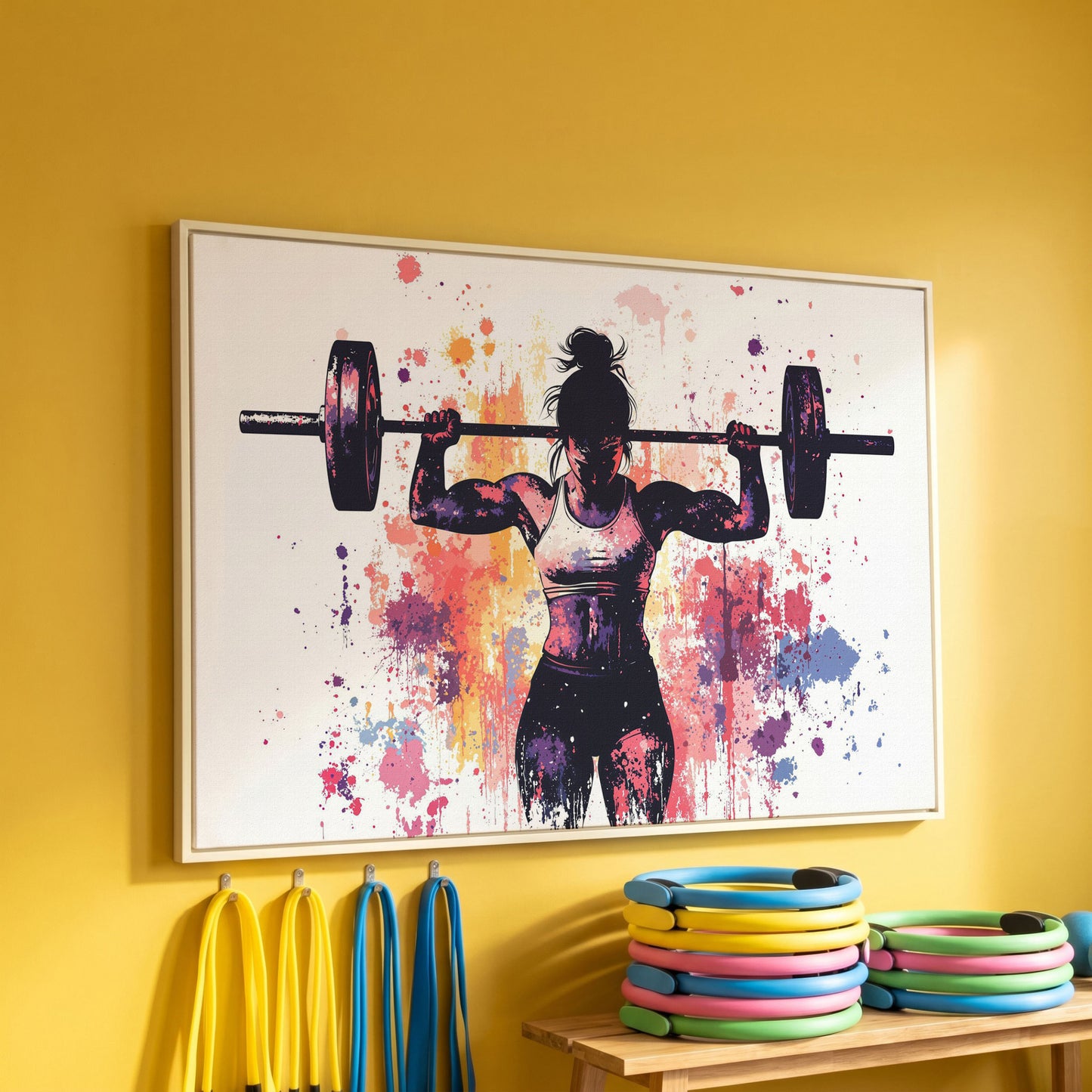 Female Lifter Canvas. Coral & Purple Fitness Art in white floating frame