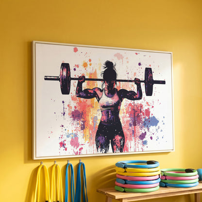 Female Lifter Canvas. Coral & Purple Fitness Art in white floating frame