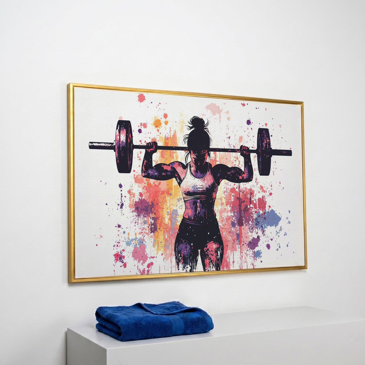 Female Lifter Canvas. Coral & Purple Fitness Art in yellow gold floating frame