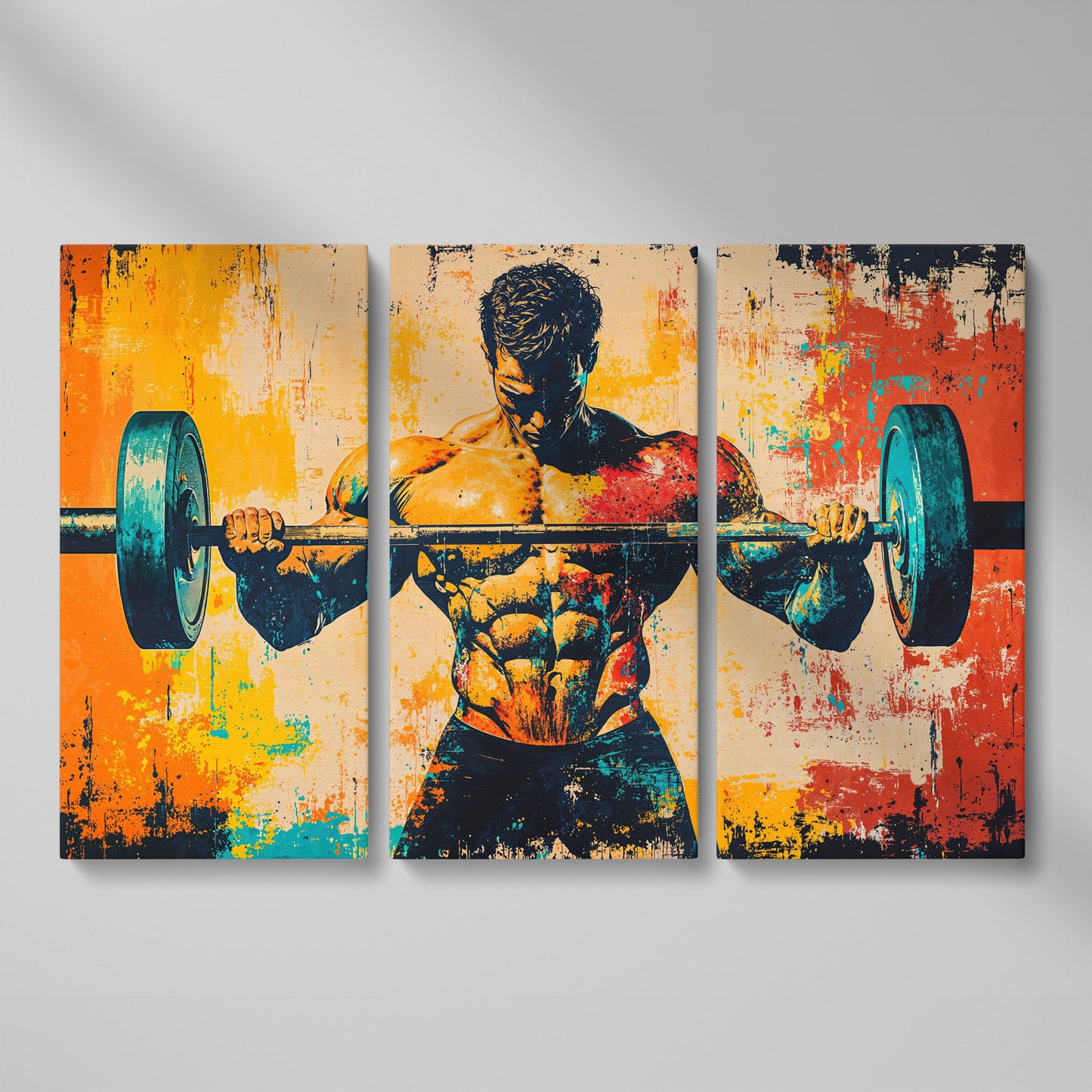 Bodybuilder Lifting Canvas - Teal & Sienna as 3-panel split version