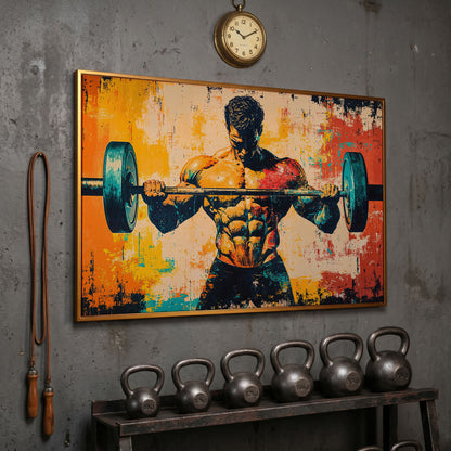Bodybuilder Lifting Canvas - Teal & Sienna in antique gold floating frame