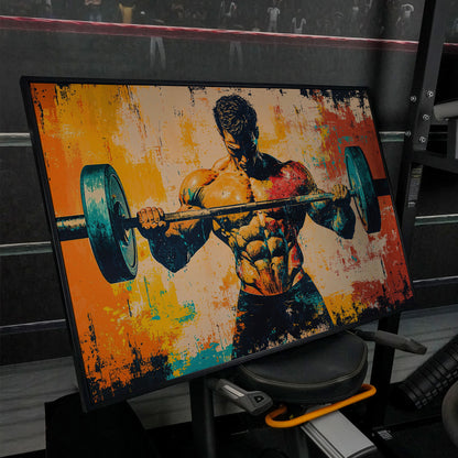 Bodybuilder Lifting Canvas - Teal & Sienna in black floating frame