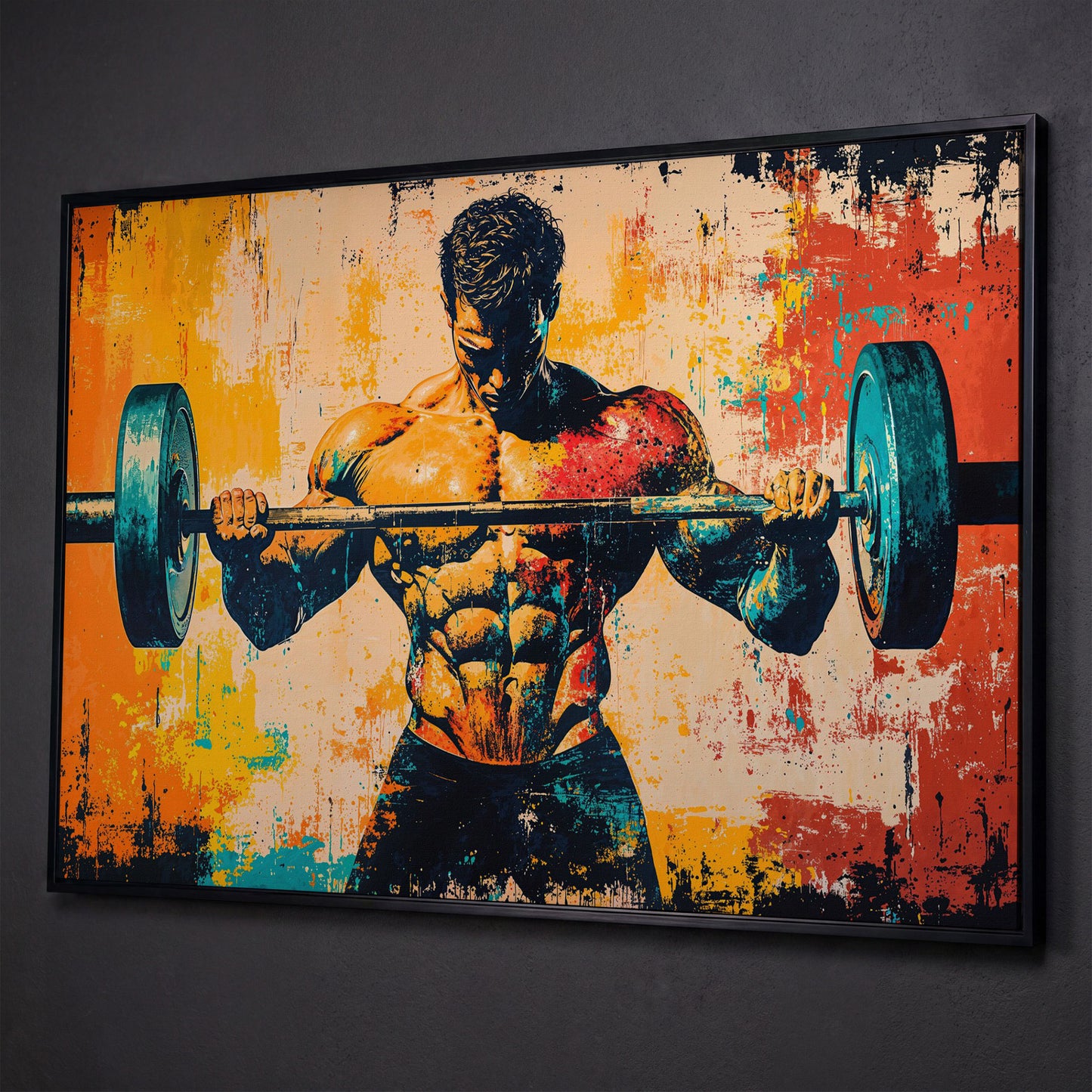Bodybuilder Lifting Canvas - Teal & Sienna shown in black floating frame