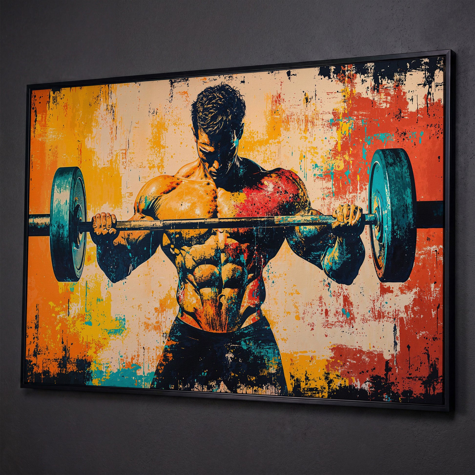 Bodybuilder Lifting Canvas - Teal & Sienna shown in black floating frame