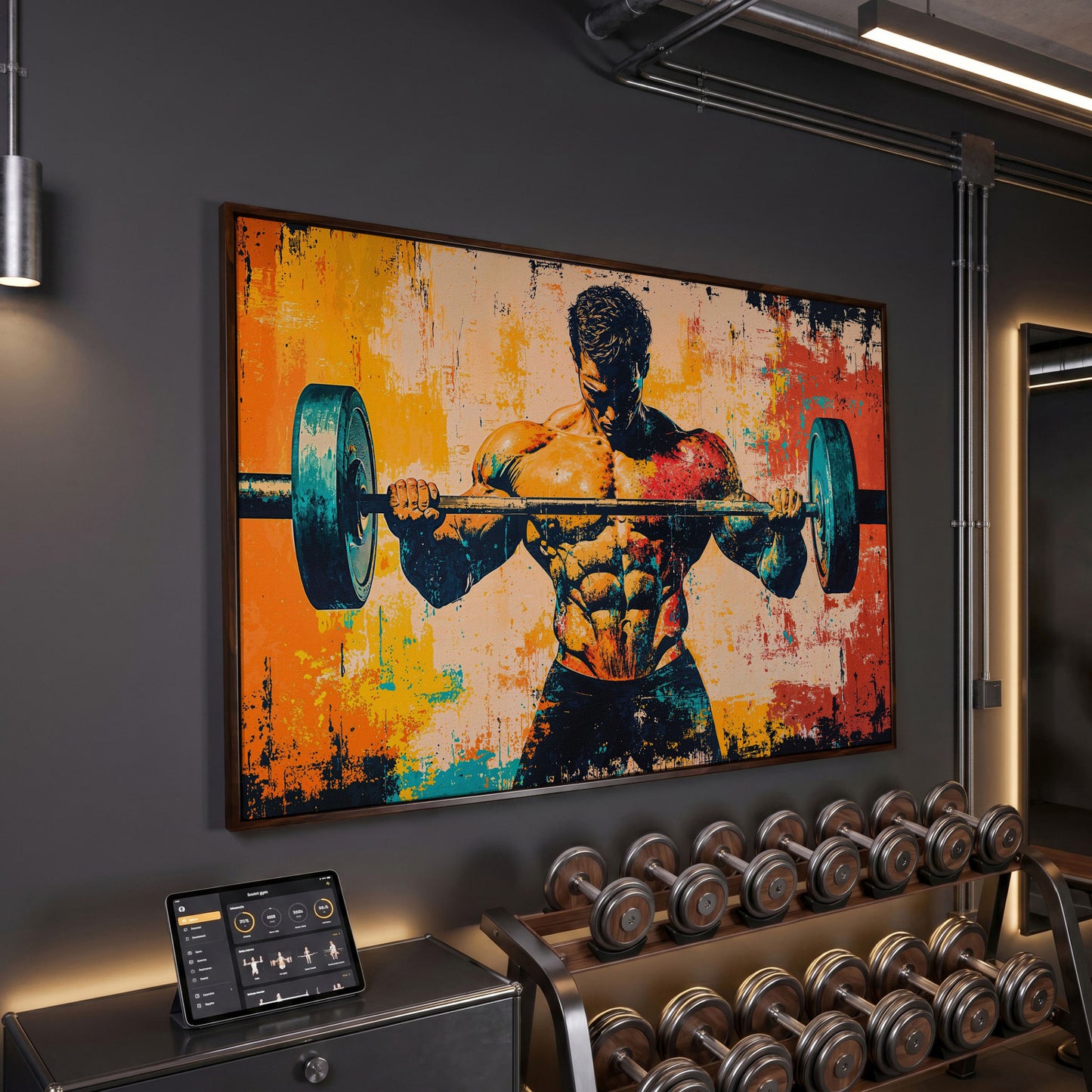 Bodybuilder Lifting Canvas - Teal & Sienna in dark walnut floating frame