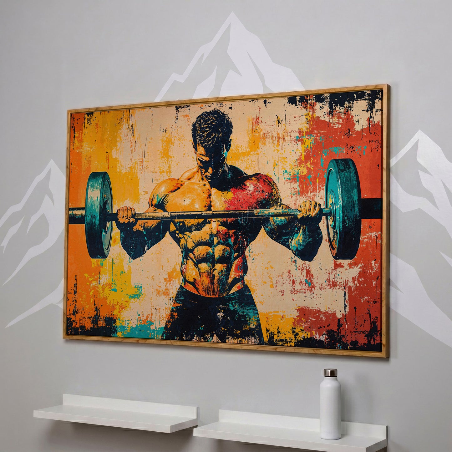 Bodybuilder Lifting Canvas - Teal & Sienna in white oak floating frame