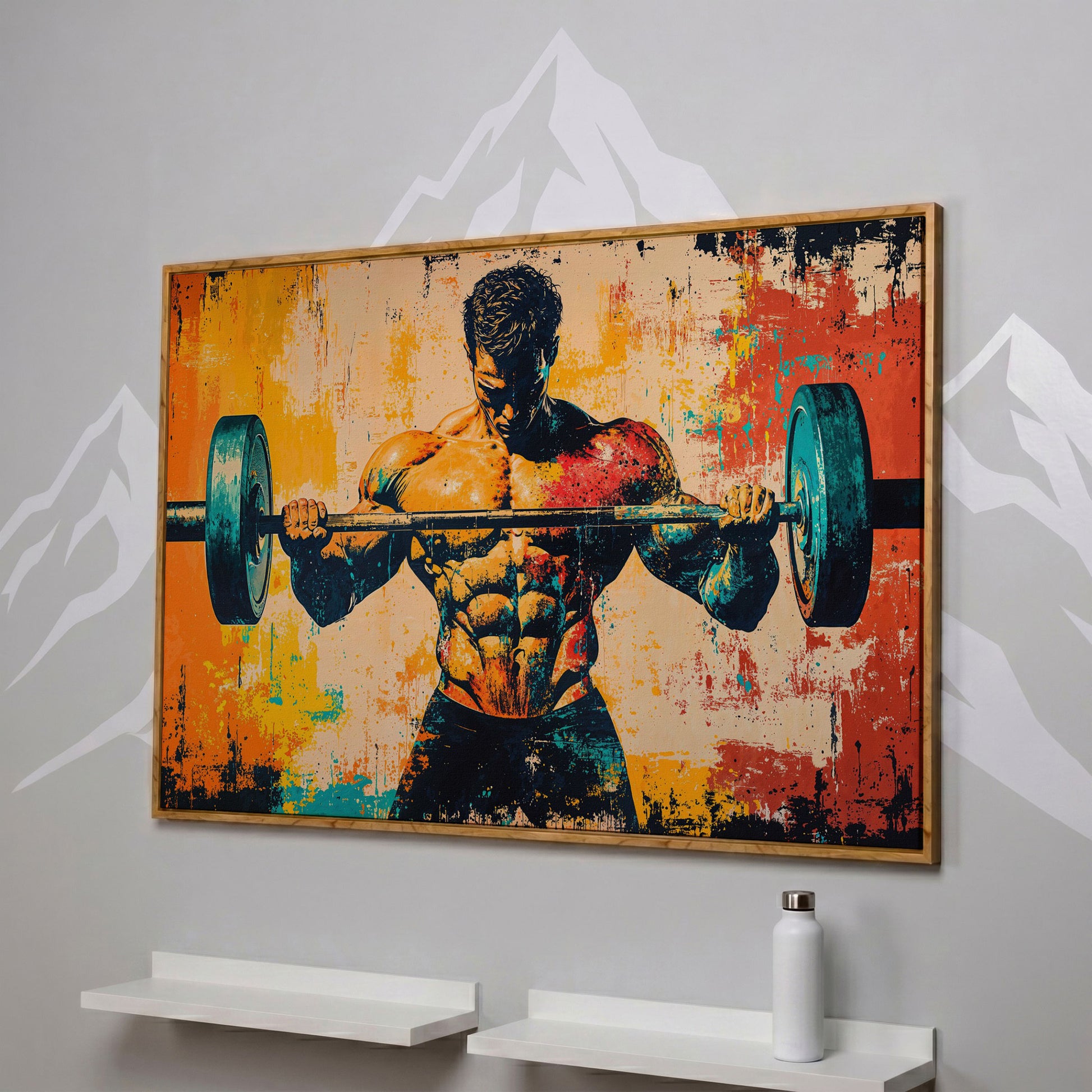 Bodybuilder Lifting Canvas - Teal & Sienna in white oak floating frame