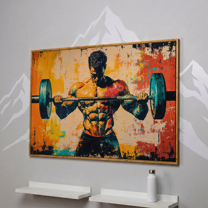 Bodybuilder Lifting Canvas - Teal & Sienna in white oak floating frame