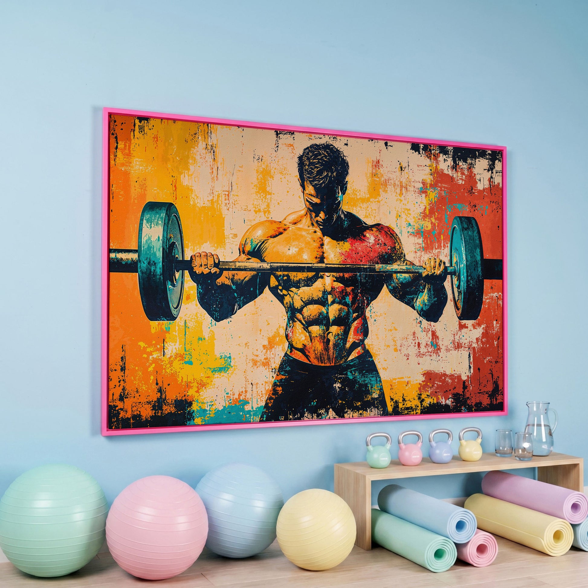 Bodybuilder Lifting Canvas - Teal & Sienna in pink floating frame