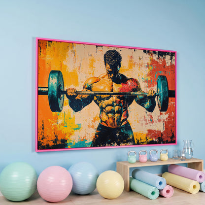 Bodybuilder Lifting Canvas - Teal & Sienna in pink floating frame