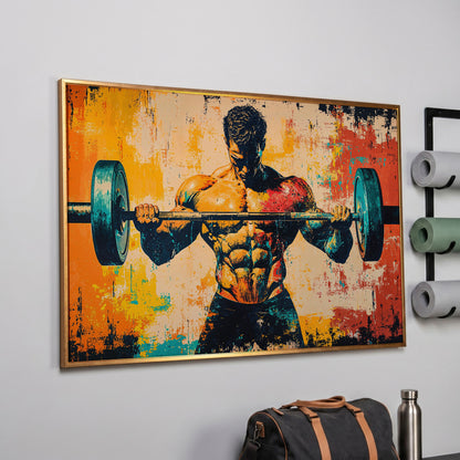 Bodybuilder Lifting Canvas - Teal & Sienna in rose gold floating frame