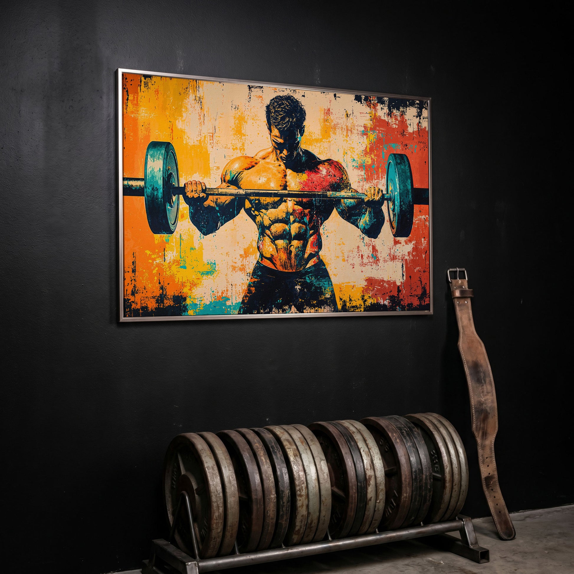 Bodybuilder Lifting Canvas - Teal & Sienna in silver floating frame