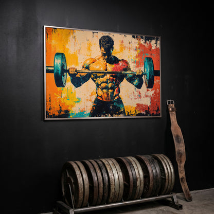 Bodybuilder Lifting Canvas - Teal & Sienna in silver floating frame