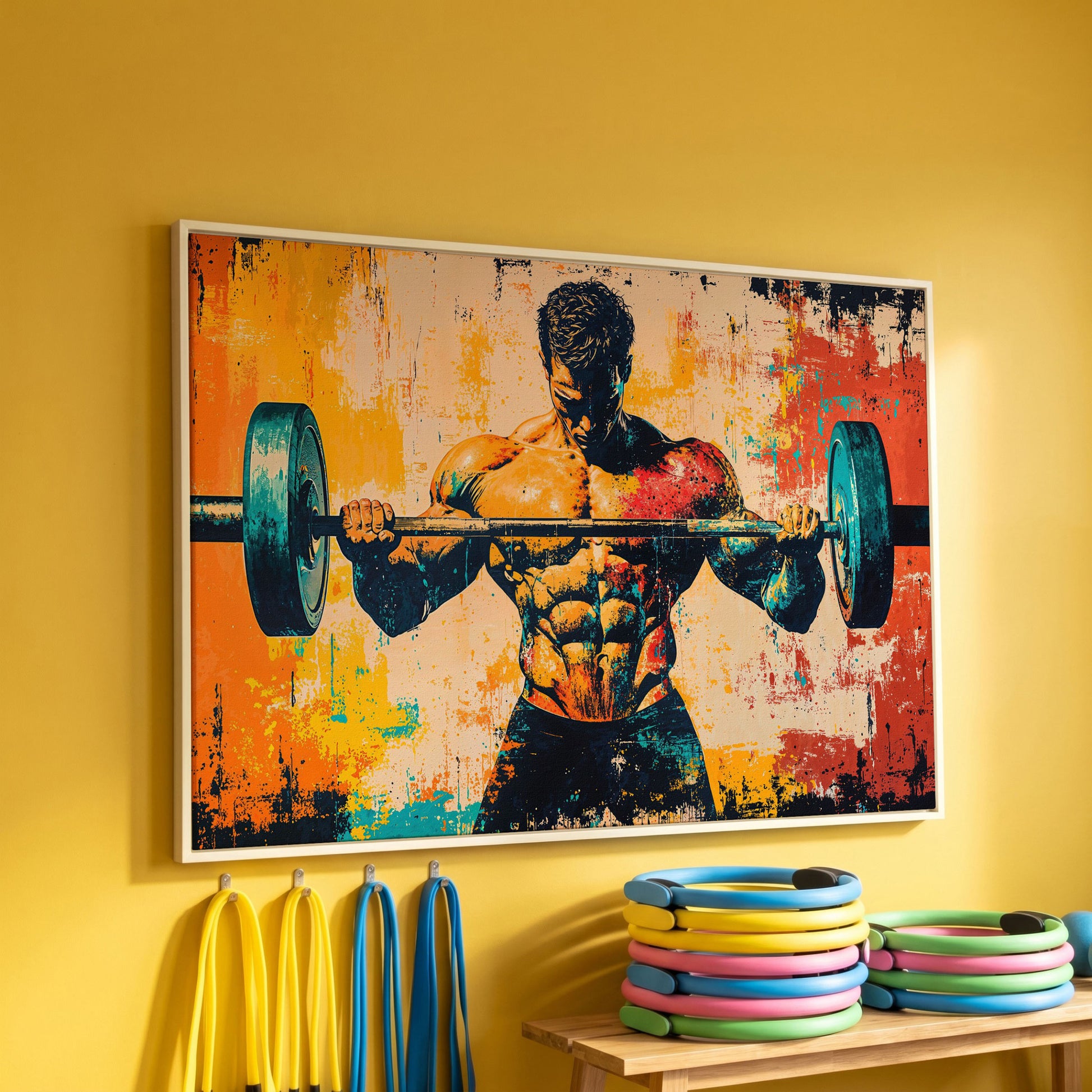 Bodybuilder Lifting Canvas - Teal & Sienna in white floating frame